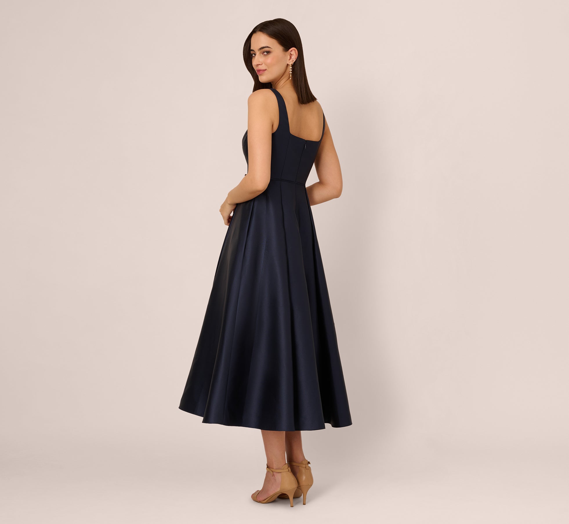 Adrianna Papell Mikado Square Neck Sleeveless A-Line Midi Dress, Womens, 12, Midnight