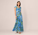 Printed Front Twist Gown In Green Blue Multi 2
