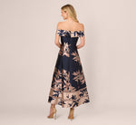 Off Shoulder 2 Tone Jacquard Fit And Flare Midi Dress In Navy Blush 5