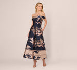 Off Shoulder 2 Tone Jacquard Fit And Flare Midi Dress In Navy Blush 2