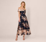 Off Shoulder 2 Tone Jacquard Fit And Flare Midi Dress In Navy Blush 1