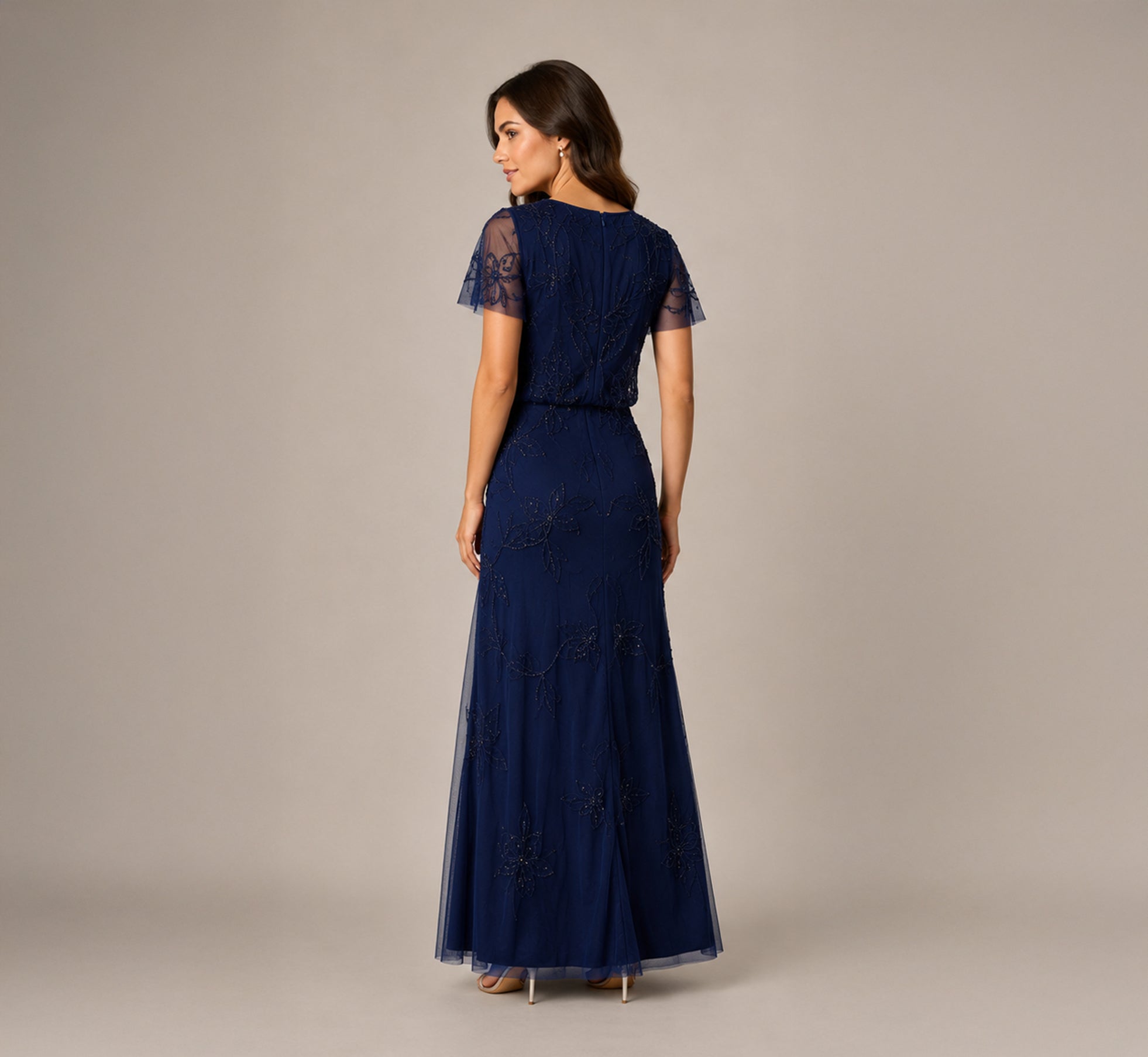 Petite Flutter Sleeve Floral Beaded Blouson Gown In Navy, Navy / Petite / 8