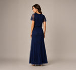 Petite Flutter Sleeve Floral Beaded Blouson Gown In Navy 5