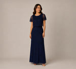 Petite Flutter Sleeve Floral Beaded Blouson Gown In Navy 2