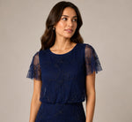 Petite Flutter Sleeve Floral Beaded Blouson Gown In Navy 3