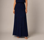 Petite Flutter Sleeve Floral Beaded Blouson Gown In Navy 4
