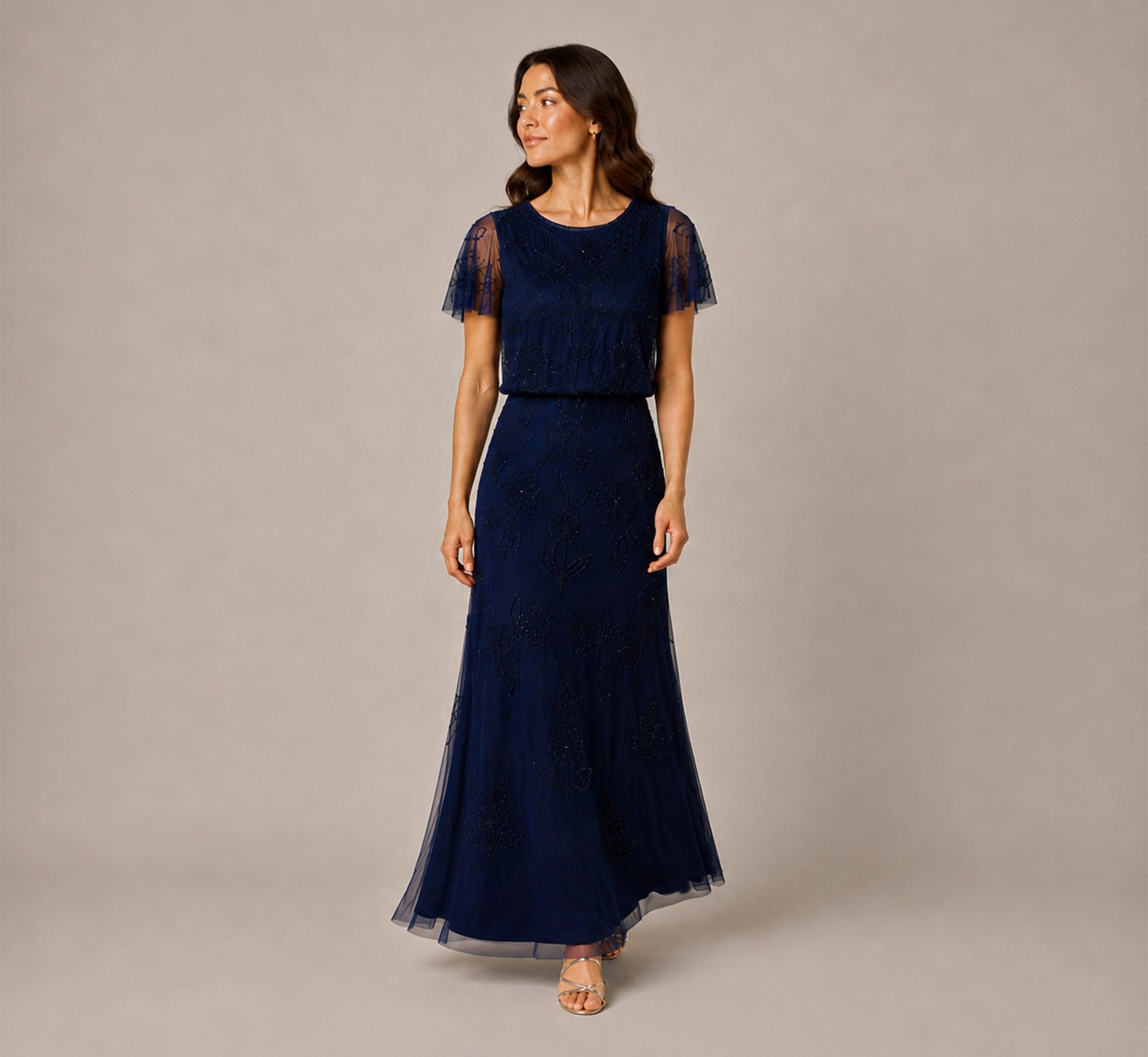 Petite Flutter Sleeve Floral Beaded Blouson Gown In Navy 1