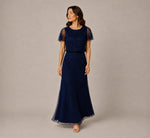 Petite Flutter Sleeve Floral Beaded Blouson Gown In Navy 1