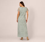 Plus Size Flutter Sleeve Floral Beaded Blouson Gown In Aqua Dust 5