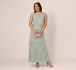 Plus Size Flutter Sleeve Floral Beaded Blouson Gown In Aqua Dust 1