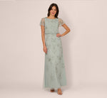 Flutter Sleeve Floral Beaded Blouson Gown In Aqua Dust 2