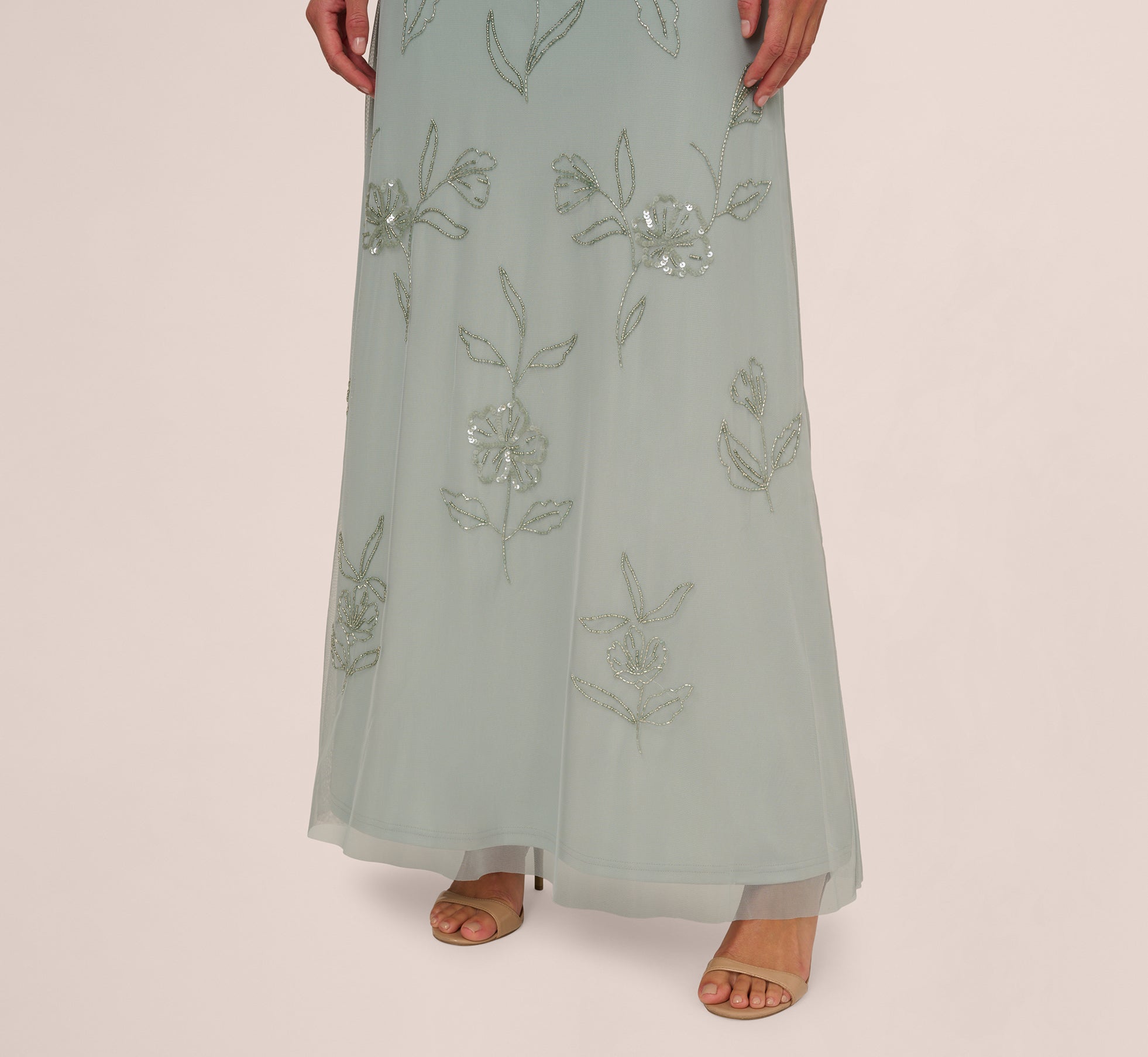 Flutter Sleeve Floral Beaded Blouson Gown In Aqua Dust 1