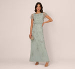 Flutter Sleeve Floral Beaded Blouson Gown In Aqua Dust 1
