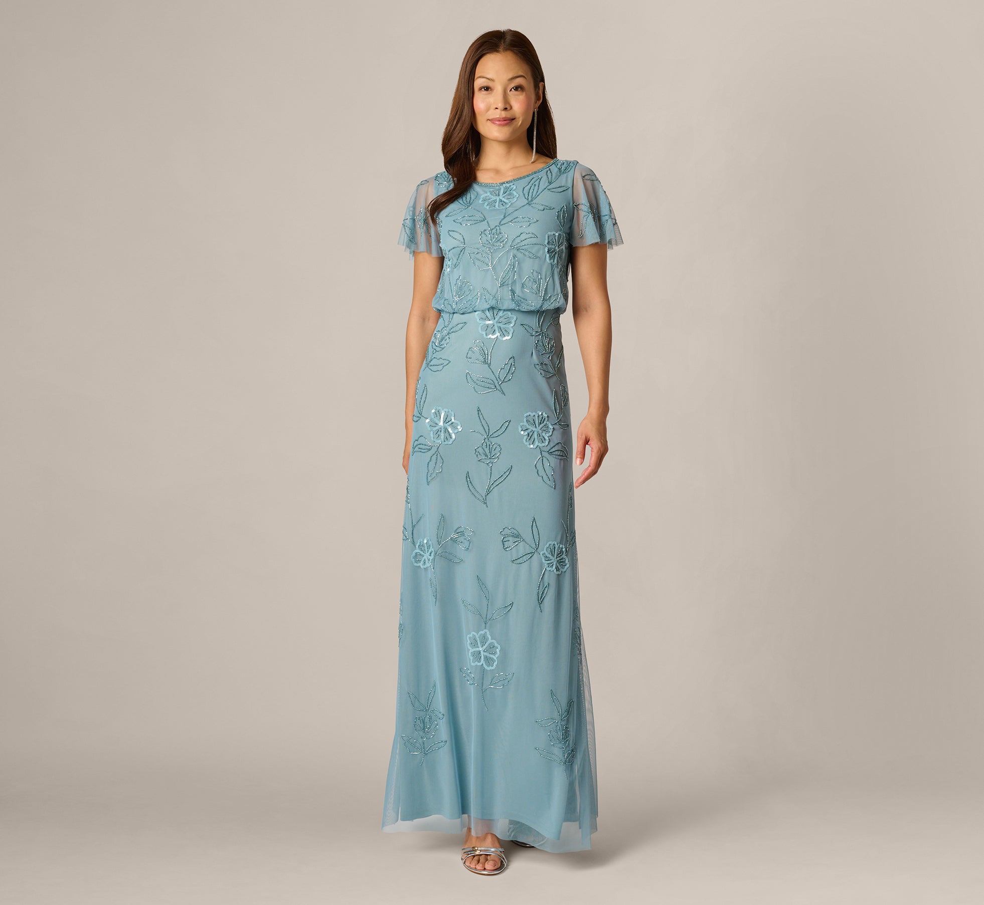 Adrianna Papell Boat Neck Short Flutter Sleeve Beaded Blouson Long Mother of the Bride Dress, Womens, 16, Air Sky