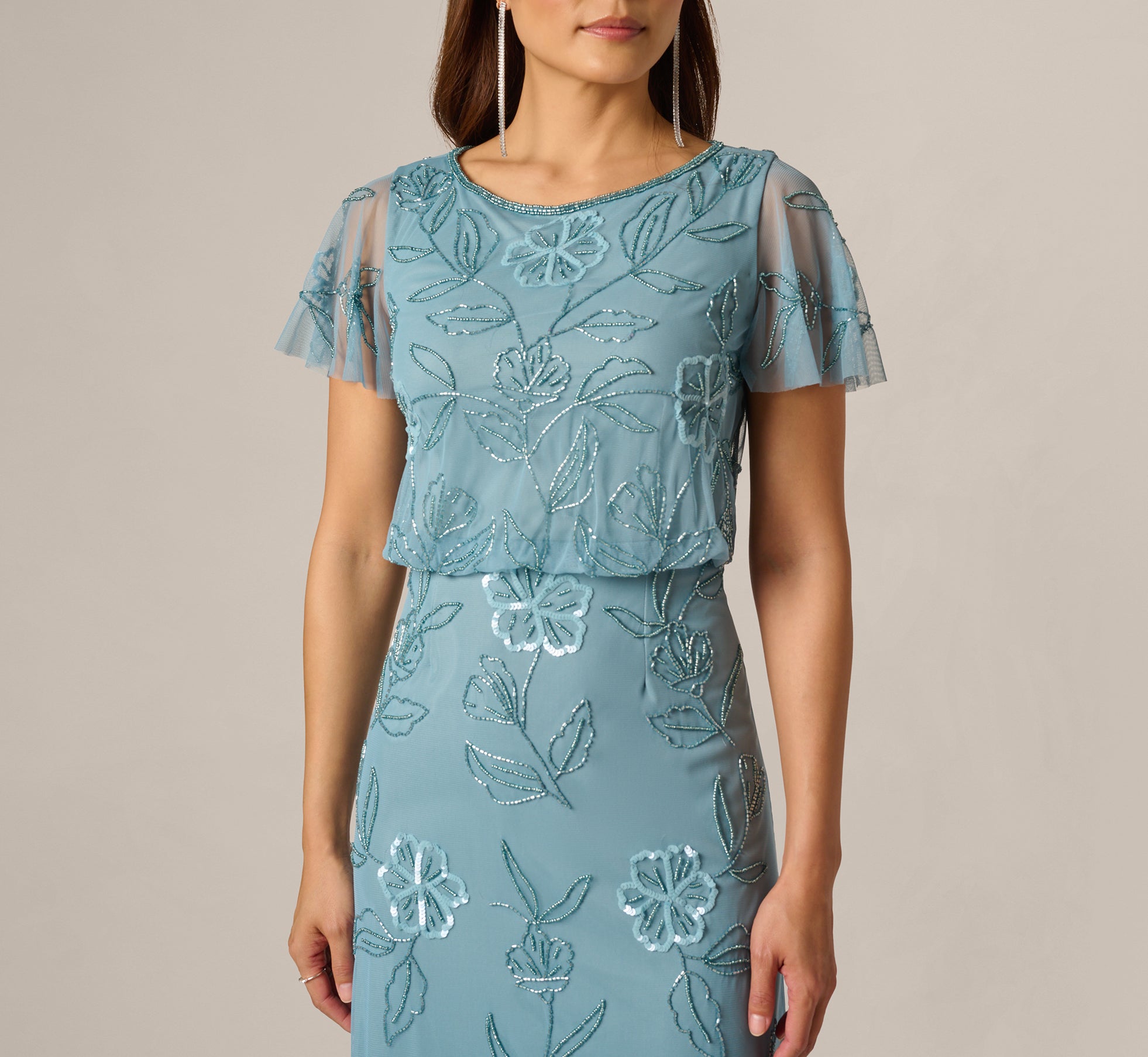adrianna papell floral beaded blouson dress Blue Flutter Sleeve Floral Beaded Blouson Gown