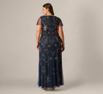 Plus Size Flutter Sleeve Floral Beaded Blouson Gown In Navy Rosegold 5