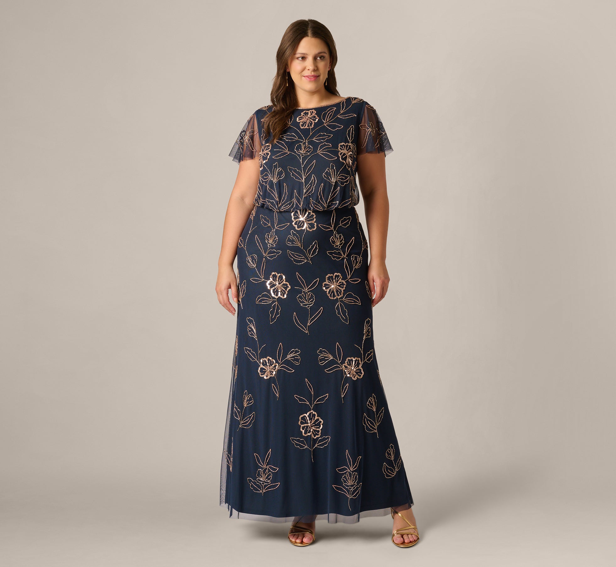 Adrianna Papell Plus Size Beaded Blouson Dress - Navy Rose Gold - Size 18W Adrianna Papell Plus Size Beaded Blouson Dress - Navy Rose Gold - Size 18W