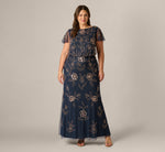 Plus Size Flutter Sleeve Floral Beaded Blouson Gown In Navy Rosegold 2