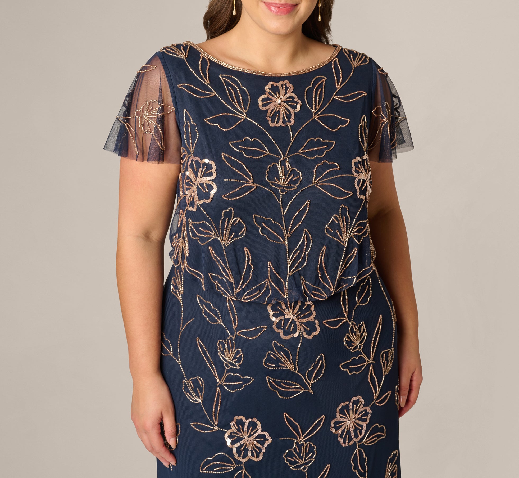 Blue Plus Size Flutter Sleeve Floral Beaded Blouson Gown