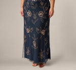 Plus Size Flutter Sleeve Floral Beaded Blouson Gown In Navy Rosegold 4