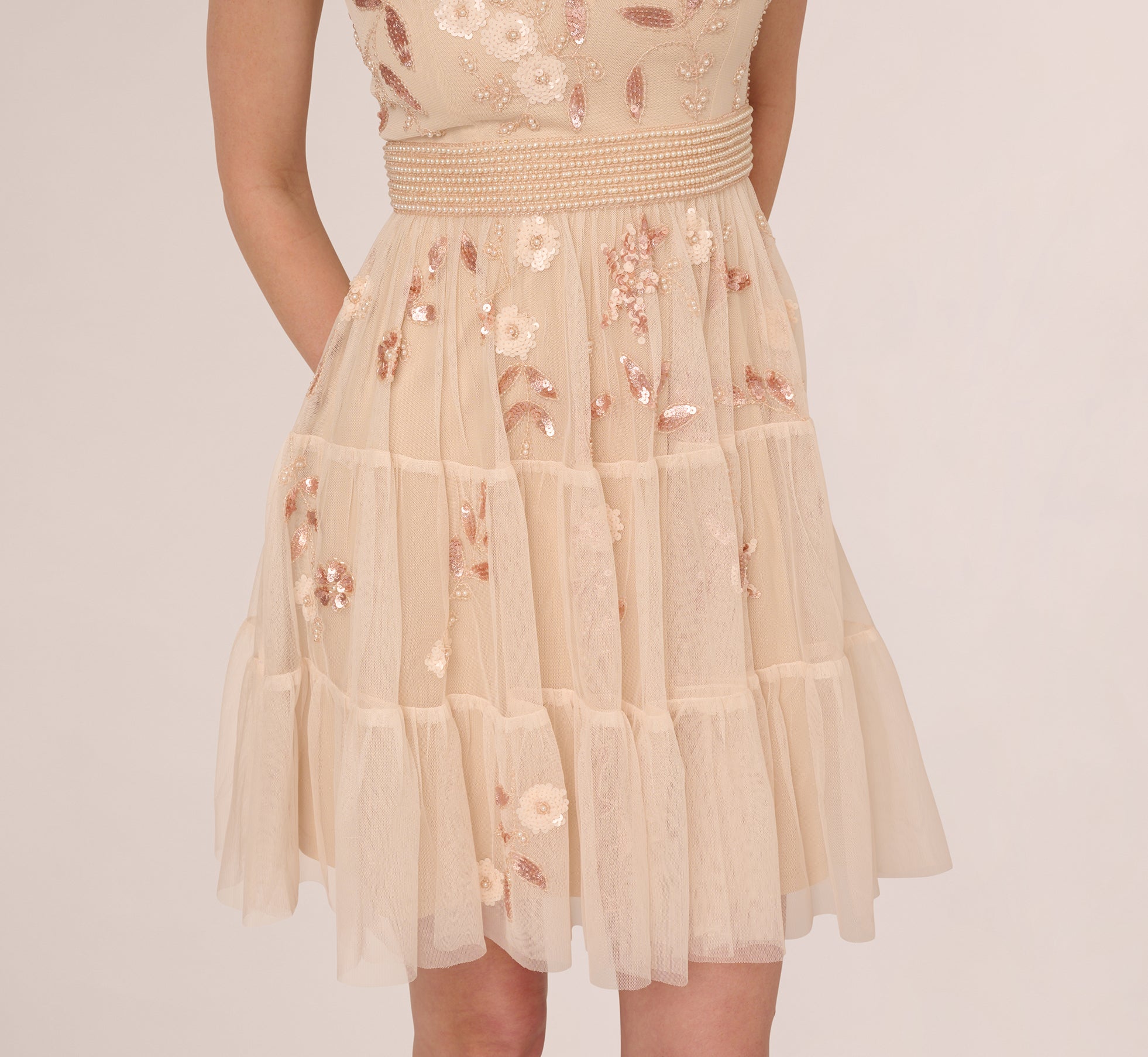 Pink Cap Sleeve Pearly Sequin Cocktail Dress