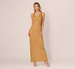 Sleeveless V Neck 3D Floral Beaded Gown In Golden Ray 3