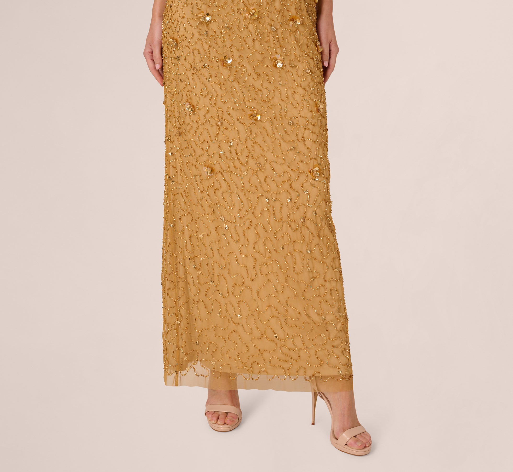 Gold Sleeveless V Neck 3D Floral Beaded Gown