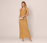 Sleeveless V Neck 3D Floral Beaded Gown In Golden Ray 2