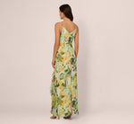 Sleeveless Floral Chiffon Ruffle Cascade Gown In Green Multi 6