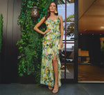 Sleeveless Floral Chiffon Ruffle Cascade Gown In Green Multi 1