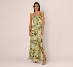 Sleeveless Floral Chiffon Ruffle Cascade Gown In Green Multi 3