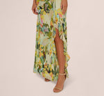 Sleeveless Floral Chiffon Ruffle Cascade Gown In Green Multi 5