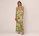 Sleeveless Floral Chiffon Ruffle Cascade Gown In Green Multi 2