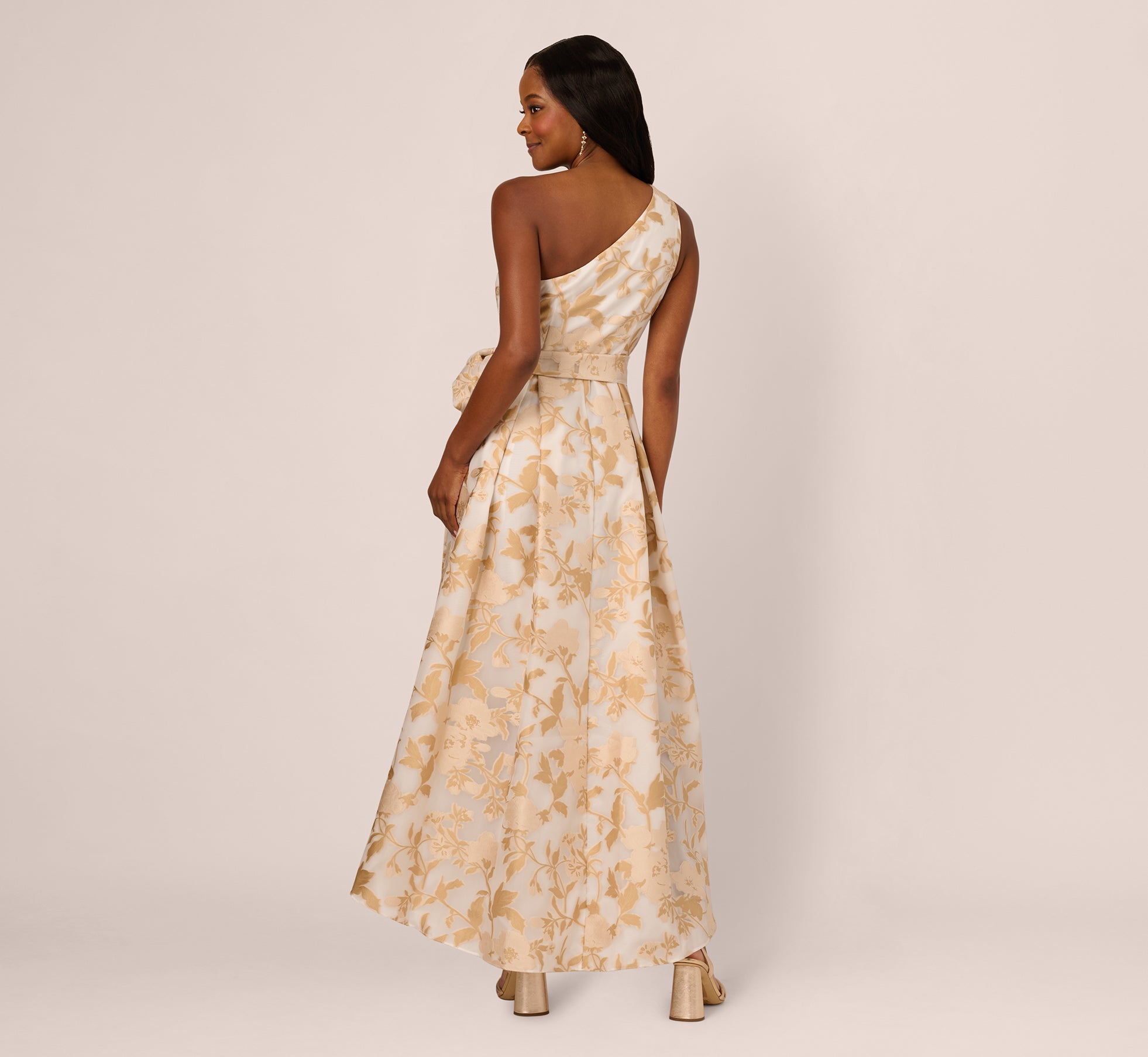 One Shoulder Organza Jacquard High Low Gown In Champagne Ivory 1