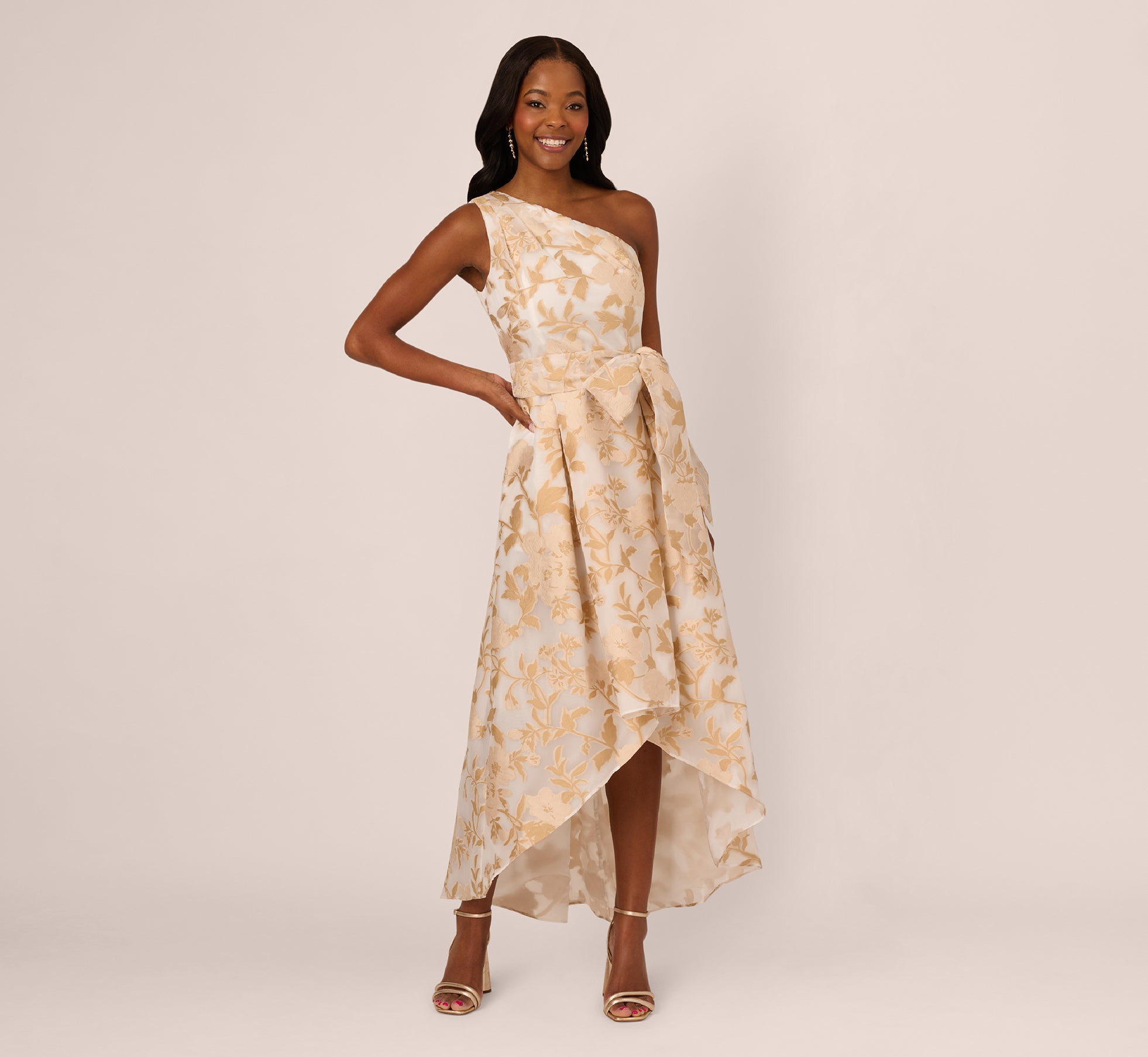 One Shoulder Organza Jacquard High Low Gown In Champagne Ivory One Shoulder Organza Jacquard High Low Gown In Champagne Ivory