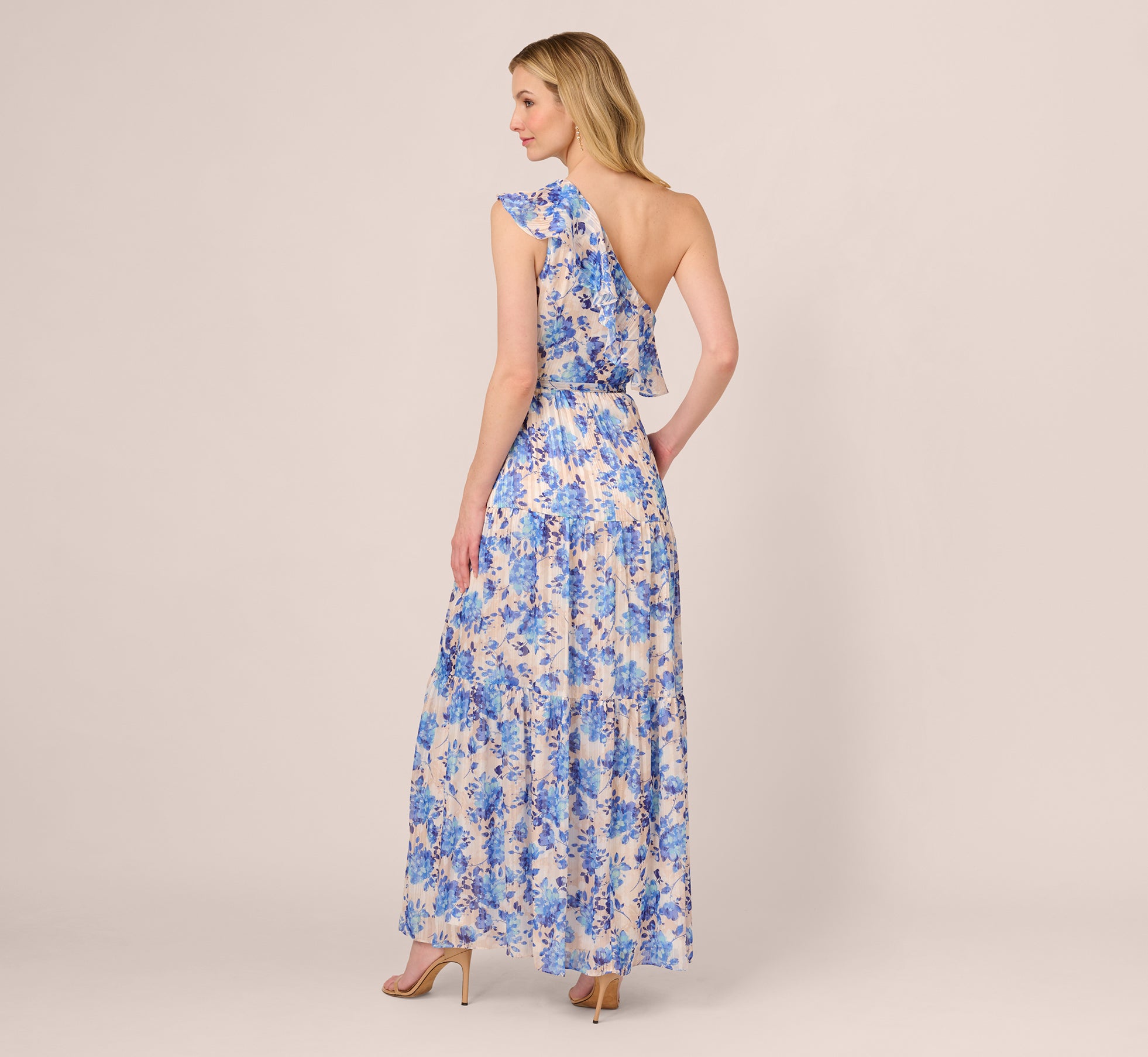 adrianna papell maxi dress Beige One Shoulder Metallic Stripe Floral band-size:18 mm Sophie Fully Lined Bridesmaids this gown makes an Size:US 20W
