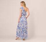 One Shoulder Metallic Stripe Floral Maxi Dress In Champagne Blue Multi 6