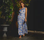 One Shoulder Metallic Stripe Floral Maxi Dress In Champagne Blue Multi 1