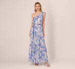 One Shoulder Metallic Stripe Floral Maxi Dress In Champagne Blue Multi 3