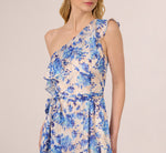 One Shoulder Metallic Stripe Floral Maxi Dress In Champagne Blue Multi 4