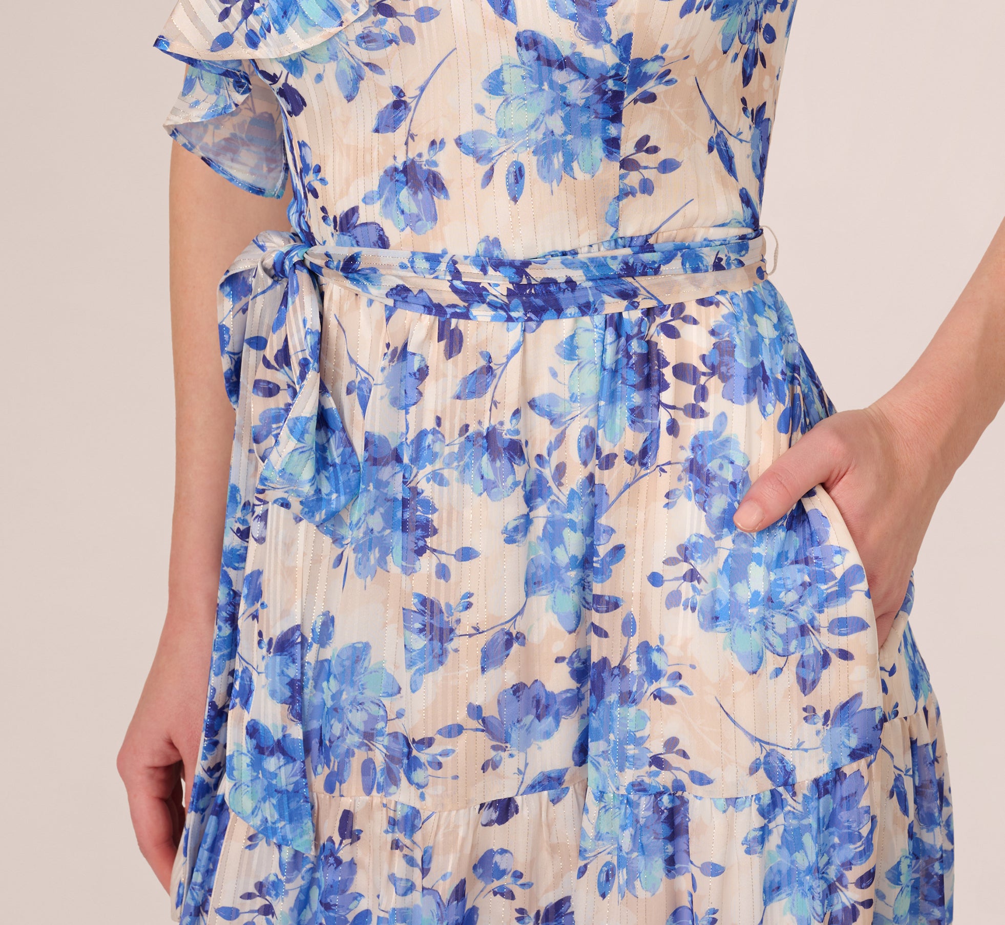 Beige One Shoulder Metallic Stripe Floral Maxi Dress