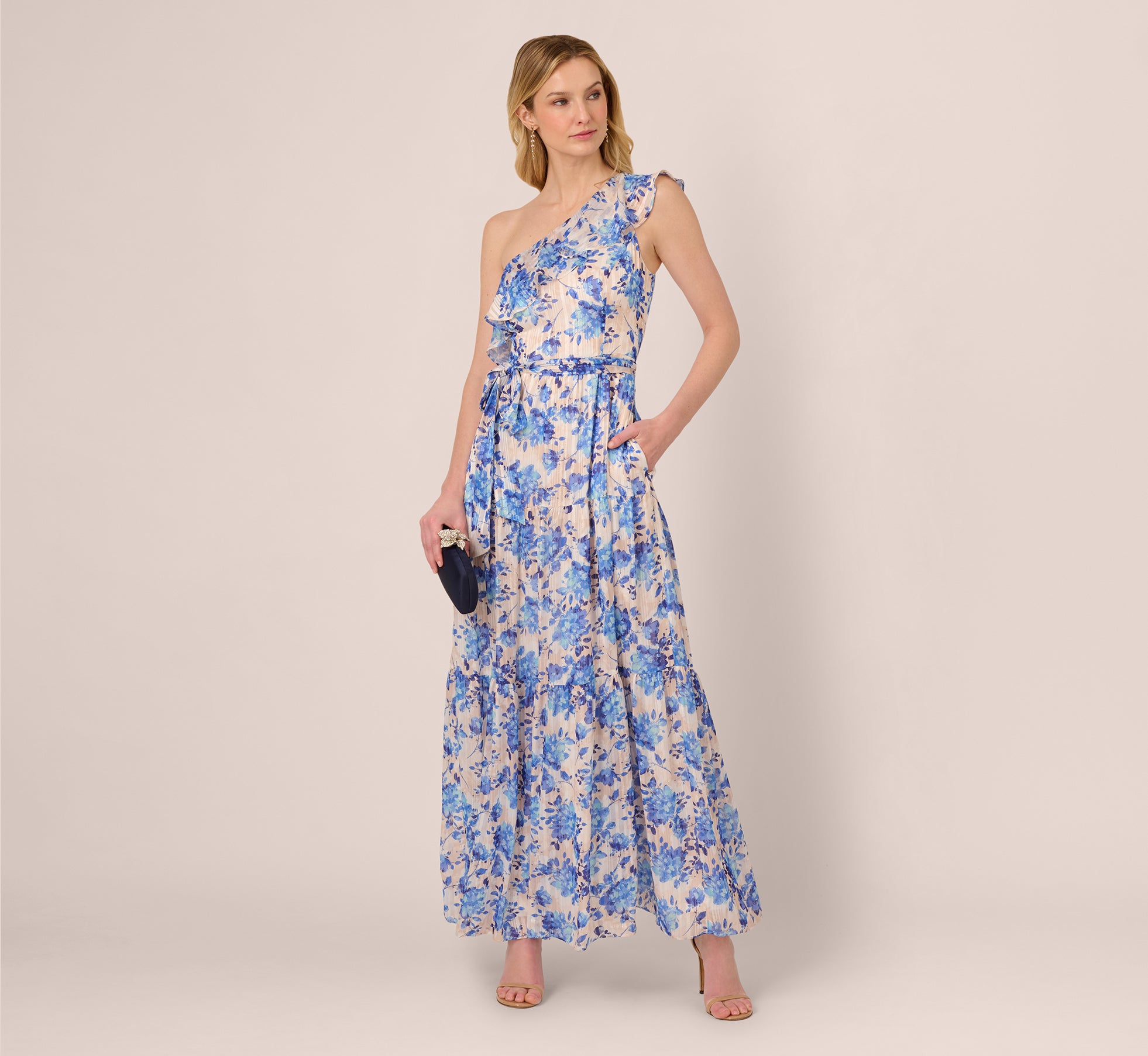 One Shoulder Metallic Stripe Floral Maxi Dress In Champagne Blue Multi - Adrianna Papell One Shoulder Metallic Stripe Floral Maxi Dress In Champagne Blue Multi - Adrianna Papell