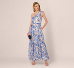 One Shoulder Metallic Stripe Floral Maxi Dress In Champagne Blue Multi 2