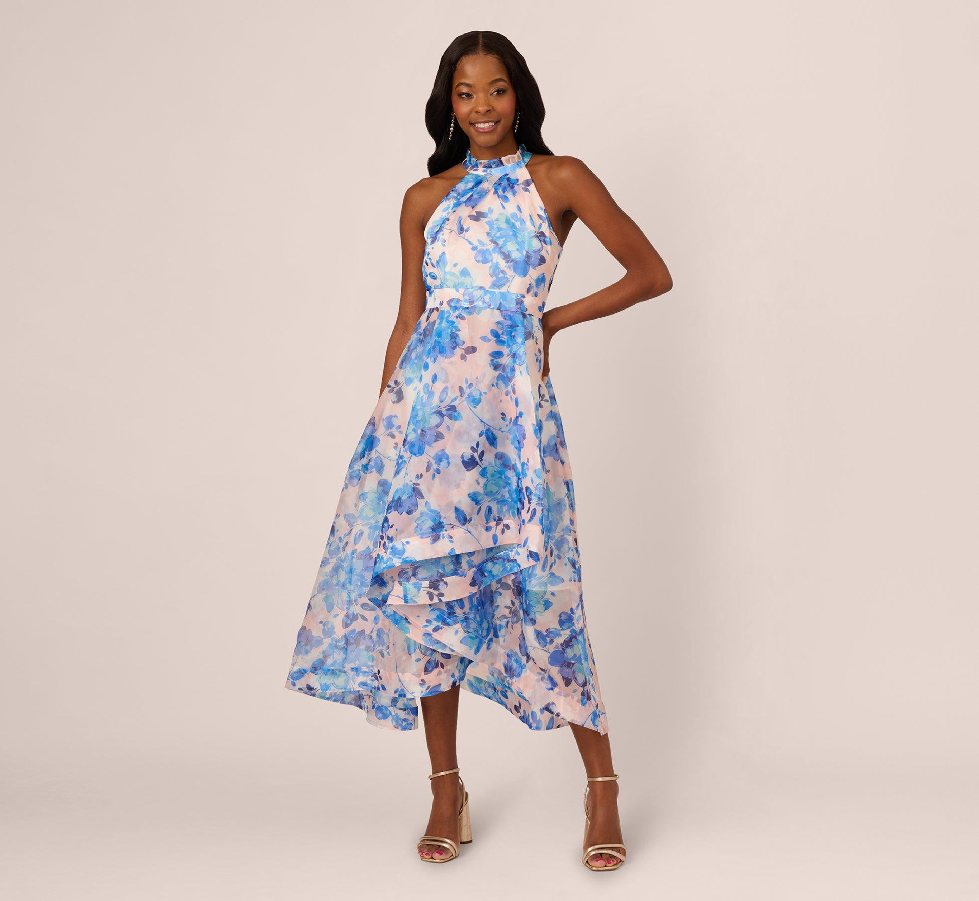 Blue Sleeveless Floral Organza High Low Dress - Adrianna Papell Blue Sleeveless Floral Organza High Low Dress - Adrianna Papell