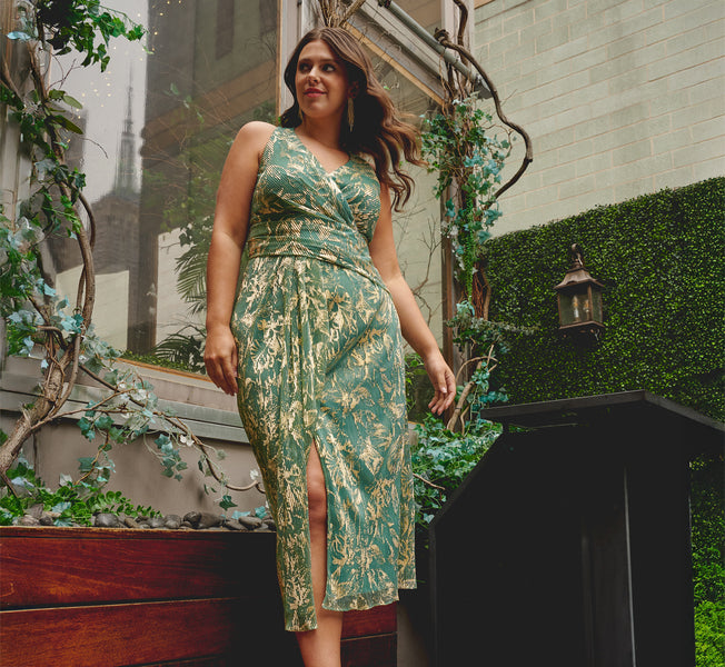 Sage Gold Plus Size Sleeveless Metallic Crinkle Midi Dress - Adrianna Papell