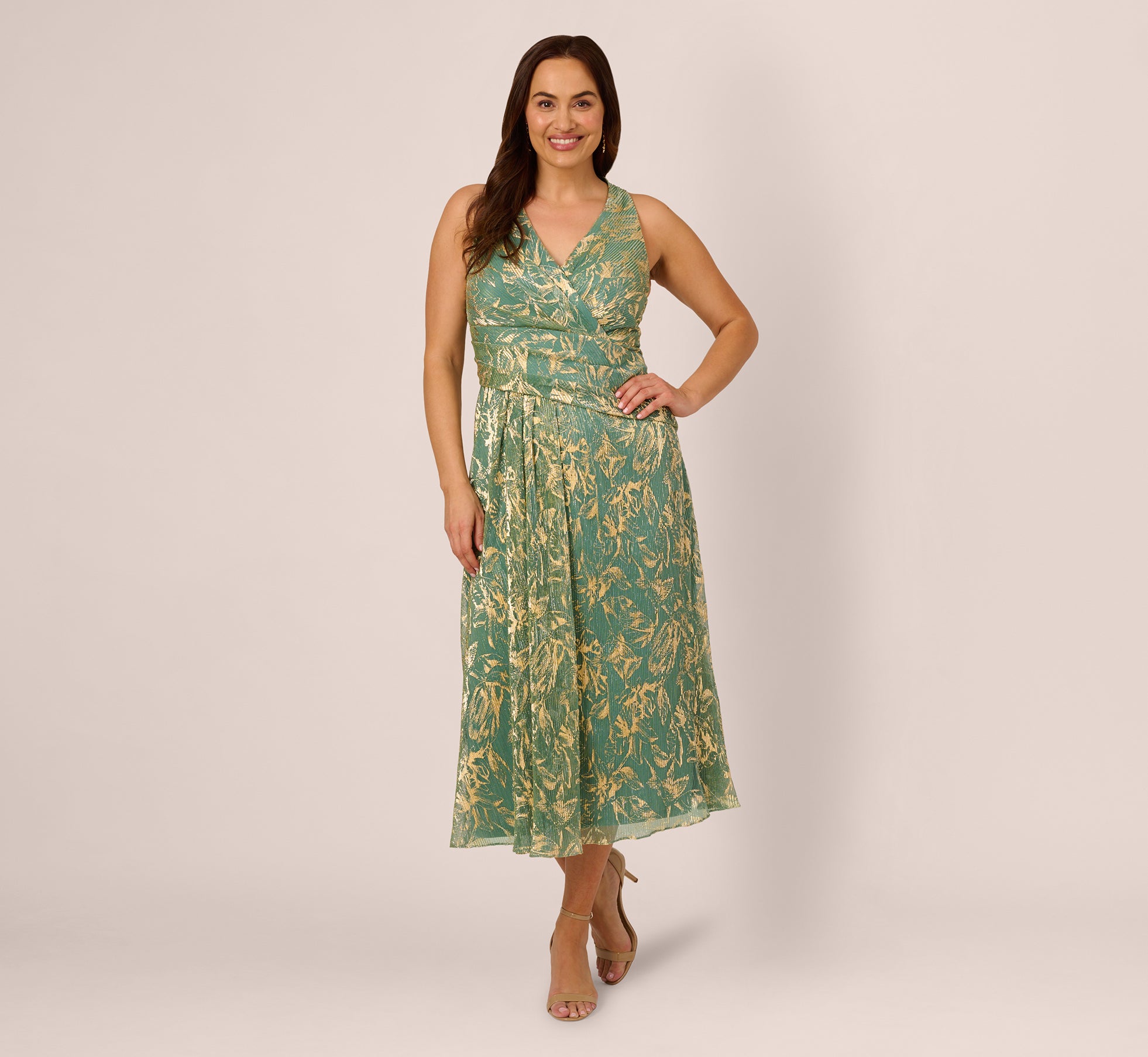 Light Green Plus Size Sleeveless Metallic Crinkle Midi Dress - Adrianna Papell Light Green Plus Size Sleeveless Metallic Crinkle Midi Dress - Adrianna Papell