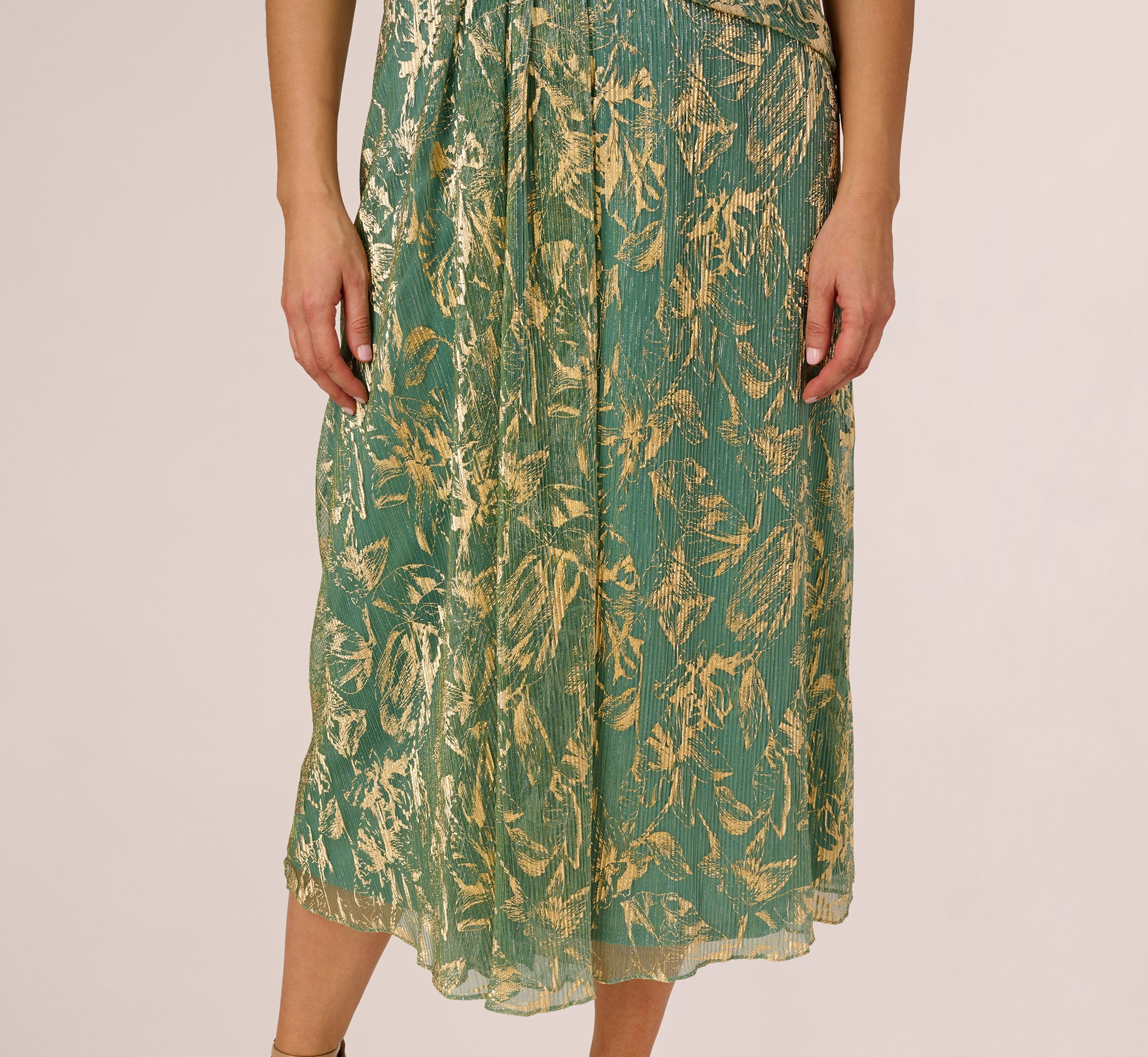 adrianna papell metallic midi dress Light Green Plus Size Sleeveless Metallic Crinkle Midi Dress