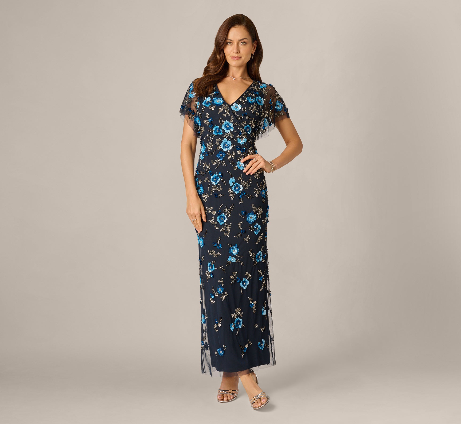 adrianna papell women's bead flutter-sleeve midi mesh dress Adrianna Papell Women's Beaded Mesh Column Dress - Midnight Multi
