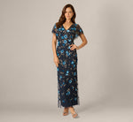 Flutter Sleeve Floral Beaded Column Gown In Midnight Multi 2
