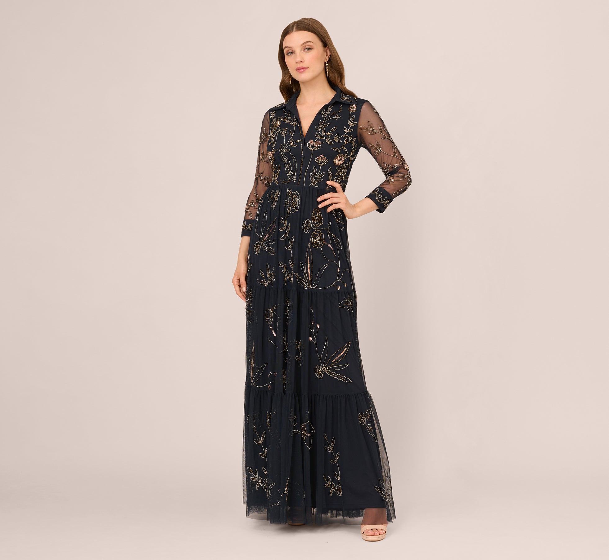 Three Quarter Sleeve Collared Floral Beaded Gown In Midnight Multi Three Quarter Sleeve Collared Floral Beaded Gown In Midnight Multi